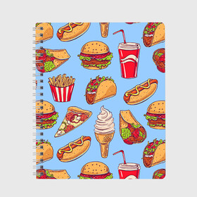 Тетрадь с принтом Еда , 100% бумага | 48 листов, плотность листов — 60 г/м2, плотность картонной обложки — 250 г/м2. Листы скреплены сбоку удобной пружинной спиралью. Уголки страниц и обложки скругленные. Цвет линий — светло-серый
 | гамбургер | еда | пицца | фастфуд | фри