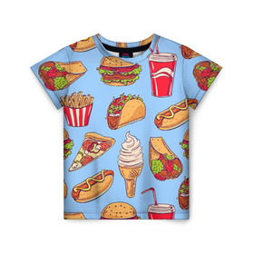 Детская футболка 3D с принтом Еда , 100% гипоаллергенный полиэфир | прямой крой, круглый вырез горловины, длина до линии бедер, чуть спущенное плечо, ткань немного тянется | гамбургер | еда | пицца | фастфуд | фри