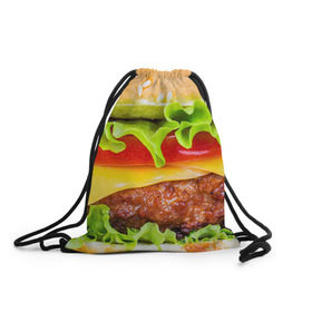 Рюкзак-мешок 3D с принтом Гамбургер , 100% полиэстер | плотность ткани — 200 г/м2, размер — 35 х 45 см; лямки — толстые шнурки, застежка на шнуровке, без карманов и подкладки | Тематика изображения на принте: бутерброд | гамбургер | еда | фастфуд | чизбургер