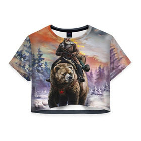 Женская футболка 3D укороченная с принтом Медведь , 100% полиэстер | круглая горловина, длина футболки до линии талии, рукава с отворотами | лес | медведь | мишка | патриот | россия | я русский