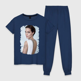 Женская пижама хлопок с принтом Angelina Jolie , 100% хлопок | брюки и футболка прямого кроя, без карманов, на брюках мягкая резинка на поясе и по низу штанин | татуировки