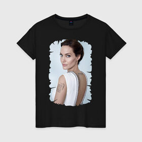 Женская футболка хлопок с принтом Angelina Jolie , 100% хлопок | прямой крой, круглый вырез горловины, длина до линии бедер, слегка спущенное плечо | Тематика изображения на принте: татуировки