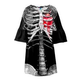 Детское платье 3D с принтом Скелет с сердцем , 100% полиэстер | прямой силуэт, чуть расширенный к низу. Круглая горловина, на рукавах — воланы | Тематика изображения на принте: halloween | skeleton | кровь | скелет | хэллоуин