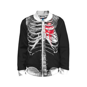 Детский бомбер 3D с принтом Скелет с сердцем , 100% полиэстер | застегивается на молнию, по бокам два кармана без застежек, мягкие манжеты, по низу бомбера и на воротнике — эластичная резинка | halloween | skeleton | кровь | скелет | хэллоуин