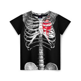 Детская футболка 3D с принтом Скелет с сердцем , 100% гипоаллергенный полиэфир | прямой крой, круглый вырез горловины, длина до линии бедер, чуть спущенное плечо, ткань немного тянется | halloween | skeleton | кровь | скелет | хэллоуин