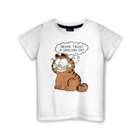 Детская футболка хлопок с принтом Garfield Smiling Cat , 100% хлопок | круглый вырез горловины, полуприлегающий силуэт, длина до линии бедер | garfield smiling cat гарфилд кот