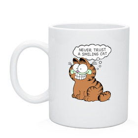 Кружка с принтом Garfield Smiling Cat , керамика | объем — 330 мл, диаметр — 80 мм. Принт наносится на бока кружки, можно сделать два разных изображения | Тематика изображения на принте: garfield smiling cat гарфилд кот
