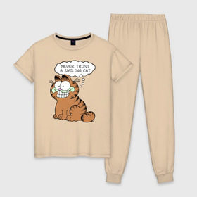 Женская пижама хлопок с принтом Garfield Smiling Cat , 100% хлопок | брюки и футболка прямого кроя, без карманов, на брюках мягкая резинка на поясе и по низу штанин | garfield smiling cat гарфилд кот