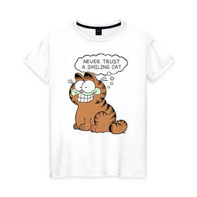 Женская футболка хлопок с принтом Garfield Smiling Cat , 100% хлопок | прямой крой, круглый вырез горловины, длина до линии бедер, слегка спущенное плечо | garfield smiling cat гарфилд кот