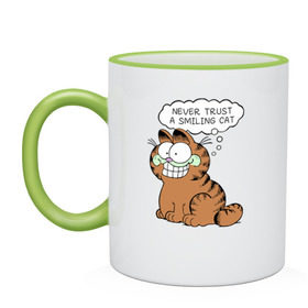 Кружка двухцветная с принтом Garfield Smiling Cat , керамика | объем — 330 мл, диаметр — 80 мм. Цветная ручка и кайма сверху, в некоторых цветах — вся внутренняя часть | garfield smiling cat гарфилд кот