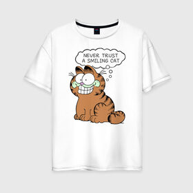 Женская футболка хлопок Oversize с принтом Garfield Smiling Cat , 100% хлопок | свободный крой, круглый ворот, спущенный рукав, длина до линии бедер
 | garfield smiling cat гарфилд кот