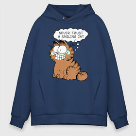 Мужское худи Oversize хлопок с принтом Garfield Smiling Cat , френч-терри — 70% хлопок, 30% полиэстер. Мягкий теплый начес внутри —100% хлопок | боковые карманы, эластичные манжеты и нижняя кромка, капюшон на магнитной кнопке | garfield smiling cat гарфилд кот