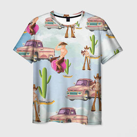Мужская футболка 3D с принтом Ковбой , 100% полиэфир | прямой крой, круглый вырез горловины, длина до линии бедер | голые | кактус | ковбой | парни | пикап | прикол | пустыня