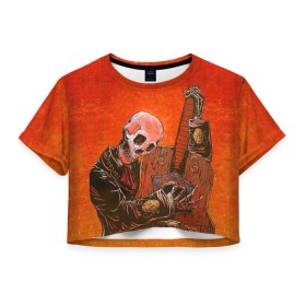 Женская футболка 3D укороченная с принтом Скелет с гитарой , 100% полиэстер | круглая горловина, длина футболки до линии талии, рукава с отворотами | гитара | скелет