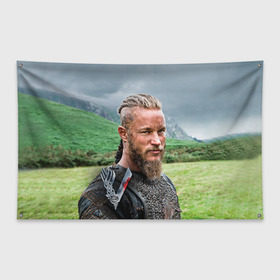 Флаг-баннер с принтом Рагнар Лодброк , 100% полиэстер | размер 67 х 109 см, плотность ткани — 95 г/м2; по краям флага есть четыре люверса для крепления | vikings | вальхалла | викинги | рагнар лодброк | сериалы