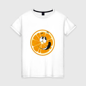 Женская футболка хлопок с принтом Веселый апельсин , 100% хлопок | прямой крой, круглый вырез горловины, длина до линии бедер, слегка спущенное плечо | апельсин | прикольная | рожа | рожица | фрукт