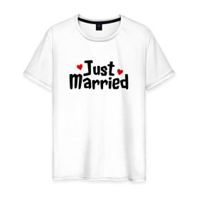 Мужская футболка хлопок с принтом Just Married - Молодожены , 100% хлопок | прямой крой, круглый вырез горловины, длина до линии бедер, слегка спущенное плечо. | Тематика изображения на принте: just married | медовый месяц | молодожены | свадьба