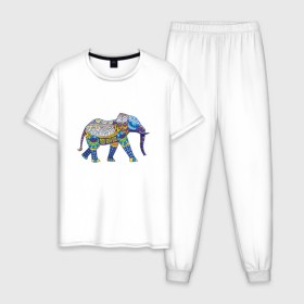 Мужская пижама хлопок с принтом Слон. Мозаика. Индия , 100% хлопок | брюки и футболка прямого кроя, без карманов, на брюках мягкая резинка на поясе и по низу штанин
 | Тематика изображения на принте: индия | мозаика | слон