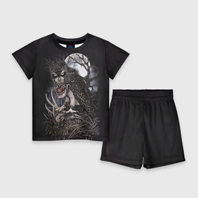 Детский костюм с шортами 3D с принтом Ночной охотник ,  |  | арт | кристофер ловелл | луна | мода | ночной охотник | ночь | охотник | сердце | филин