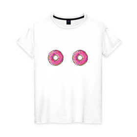 Женская футболка хлопок с принтом Пончики , 100% хлопок | прямой крой, круглый вырез горловины, длина до линии бедер, слегка спущенное плечо | девушкам | еда | пончики