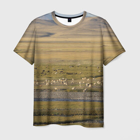 Мужская футболка 3D с принтом Долина жизни , 100% полиэфир | прямой крой, круглый вырез горловины, длина до линии бедер | алтай | горы | долина | камни | пастбище в горной долинеживотные | пески | пустыни | рек