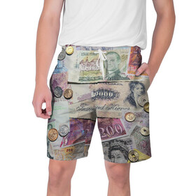 Мужские шорты 3D с принтом Pounds ,  полиэстер 100% | прямой крой, два кармана без застежек по бокам. Мягкая трикотажная резинка на поясе, внутри которой широкие завязки. Длина чуть выше колен | money | pound | деньги | фунты