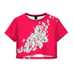 Женская футболка 3D укороченная с принтом 1000 Cranes , 100% полиэстер | круглая горловина, длина футболки до линии талии, рукава с отворотами | 1000 cranes | cranes | paper | бумага | бумажные | журавли | журавлики | оригами