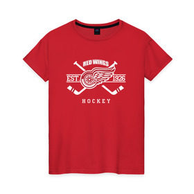Женская футболка хлопок с принтом Detroit red wings , 100% хлопок | прямой крой, круглый вырез горловины, длина до линии бедер, слегка спущенное плечо | detroit | detroit red wings | red wings | спорт | хоккей