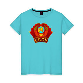 Женская футболка хлопок с принтом Герб СССР , 100% хлопок | прямой крой, круглый вырез горловины, длина до линии бедер, слегка спущенное плечо | ussr | кпрф | кпсс | россия | серп и молот | союз | флаг