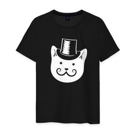 Мужская футболка хлопок с принтом Мистер Кот , 100% хлопок | прямой крой, круглый вырез горловины, длина до линии бедер, слегка спущенное плечо. | Тематика изображения на принте: кот | котики | кошка | кошки | мистер кот | с усами и в шляпекоты | усы | шляпа