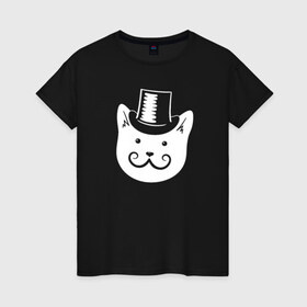 Женская футболка хлопок с принтом Мистер Кот , 100% хлопок | прямой крой, круглый вырез горловины, длина до линии бедер, слегка спущенное плечо | кот | котики | кошка | кошки | мистер кот | с усами и в шляпекоты | усы | шляпа