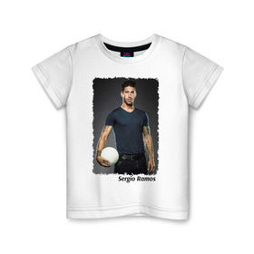 Детская футболка хлопок с принтом Серхио Рамос (Sergio Ramos) , 100% хлопок | круглый вырез горловины, полуприлегающий силуэт, длина до линии бедер | sergio ramos | испания | лига чемпионов | реал мадрид | серхио рамос | футбол