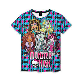 Женская футболка 3D с принтом Monster High , 100% полиэфир ( синтетическое хлопкоподобное полотно) | прямой крой, круглый вырез горловины, длина до линии бедер | монстер хай