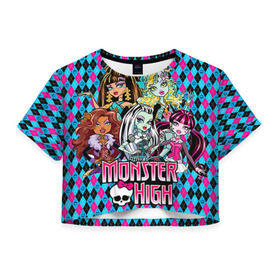 Женская футболка 3D укороченная с принтом Monster High , 100% полиэстер | круглая горловина, длина футболки до линии талии, рукава с отворотами | монстер хай
