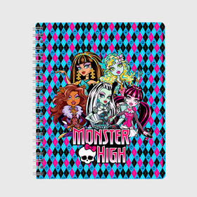 Тетрадь с принтом Monster High , 100% бумага | 48 листов, плотность листов — 60 г/м2, плотность картонной обложки — 250 г/м2. Листы скреплены сбоку удобной пружинной спиралью. Уголки страниц и обложки скругленные. Цвет линий — светло-серый
 | монстер хай