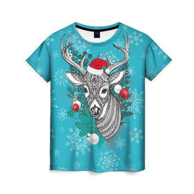 Женская футболка 3D с принтом Новогодний олень , 100% полиэфир ( синтетическое хлопкоподобное полотно) | прямой крой, круглый вырез горловины, длина до линии бедер | 2016 | christmas | deer | год | новогодний | новый | олень | рождественский | с новым годом