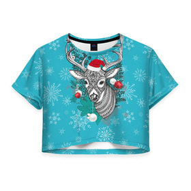 Женская футболка 3D укороченная с принтом Новогодний олень , 100% полиэстер | круглая горловина, длина футболки до линии талии, рукава с отворотами | 2016 | christmas | deer | год | новогодний | новый | олень | рождественский | с новым годом