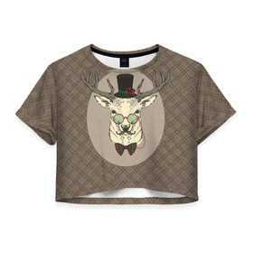 Женская футболка 3D укороченная с принтом Deer , 100% полиэстер | круглая горловина, длина футболки до линии талии, рукава с отворотами | 2016 | christmas | deer | год | новогодний | новый | олень | рождественский | с новым годом
