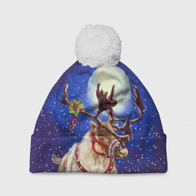 Шапка 3D c помпоном с принтом Christmas deer , 100% полиэстер | универсальный размер, печать по всей поверхности изделия | 2016 | christmas | deer | год | новогодний | новый | олень | рождественский | с новым годом