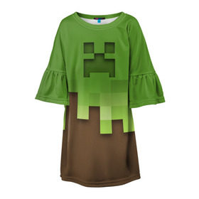 Детское платье 3D с принтом Minecraft edition , 100% полиэстер | прямой силуэт, чуть расширенный к низу. Круглая горловина, на рукавах — воланы | Тематика изображения на принте: creeper | minecraft