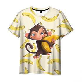 Мужская футболка 3D с принтом Обезьяна с бананом , 100% полиэфир | прямой крой, круглый вырез горловины, длина до линии бедер | мартышка | обезьяна