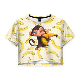 Женская футболка 3D укороченная с принтом Обезьяна с бананом , 100% полиэстер | круглая горловина, длина футболки до линии талии, рукава с отворотами | мартышка | обезьяна