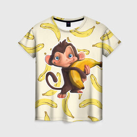Женская футболка 3D с принтом Обезьяна с бананом , 100% полиэфир ( синтетическое хлопкоподобное полотно) | прямой крой, круглый вырез горловины, длина до линии бедер | Тематика изображения на принте: мартышка | обезьяна