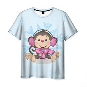 Мужская футболка 3D с принтом Обезьянка , 100% полиэфир | прямой крой, круглый вырез горловины, длина до линии бедер | 2016 | год | мартышка | новый | обезьяна | с новым год | снежинка