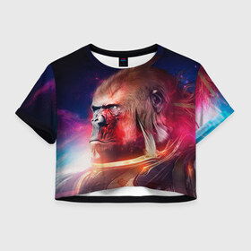 Женская футболка 3D укороченная с принтом Обезьяна в космосе , 100% полиэстер | круглая горловина, длина футболки до линии талии, рукава с отворотами | 2016 | год | космос | мартышка | новый | обезьяна | с новым год