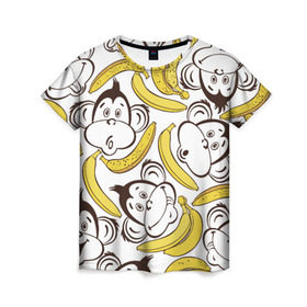Женская футболка 3D с принтом Обезьянки и бананы , 100% полиэфир ( синтетическое хлопкоподобное полотно) | прямой крой, круглый вырез горловины, длина до линии бедер | Тематика изображения на принте: банан