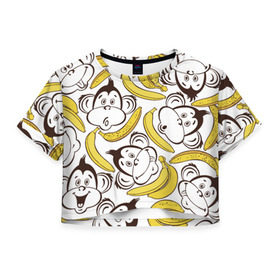 Женская футболка 3D укороченная с принтом Обезьянки и бананы , 100% полиэстер | круглая горловина, длина футболки до линии талии, рукава с отворотами | банан