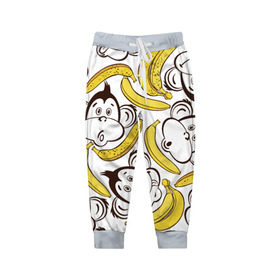 Детские брюки 3D с принтом Обезьянки и бананы , 100% полиэстер | манжеты по низу, эластичный пояс регулируется шнурком, по бокам два кармана без застежек, внутренняя часть кармана из мелкой сетки | Тематика изображения на принте: банан