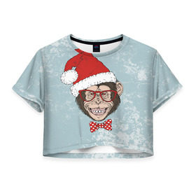 Женская футболка 3D укороченная с принтом Обезьяна в бабочке , 100% полиэстер | круглая горловина, длина футболки до линии талии, рукава с отворотами | мартышка | новогодний | санта | шапка | шимпанзе