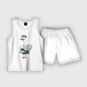 Детская пижама с шортами хлопок с принтом Аист с малышом ,  |  | Тематика изображения на принте: аист | девочка | малыш | мальчик | ребенок